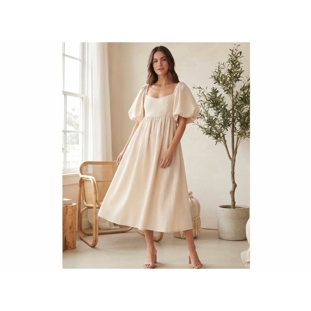 Worth Collective Hamilton Ivory Linen Blend Puff Sleeve Midi Dress Small NWT